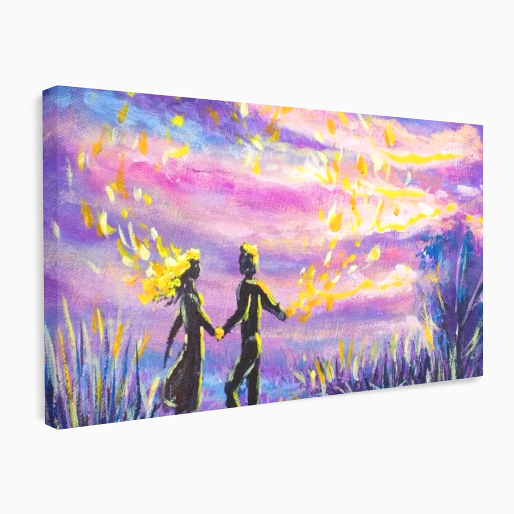 Tablou canvas cu tablou canvas cuplu sub cer lila, fara rama, pe sasiu de lemn